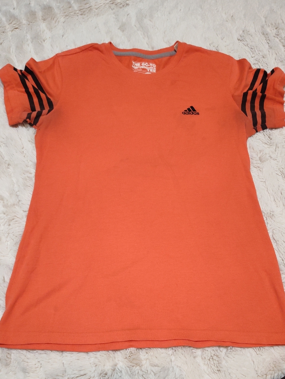 adidas Pink-Orange Tee with Black Sleeve Stripes (Stains!)